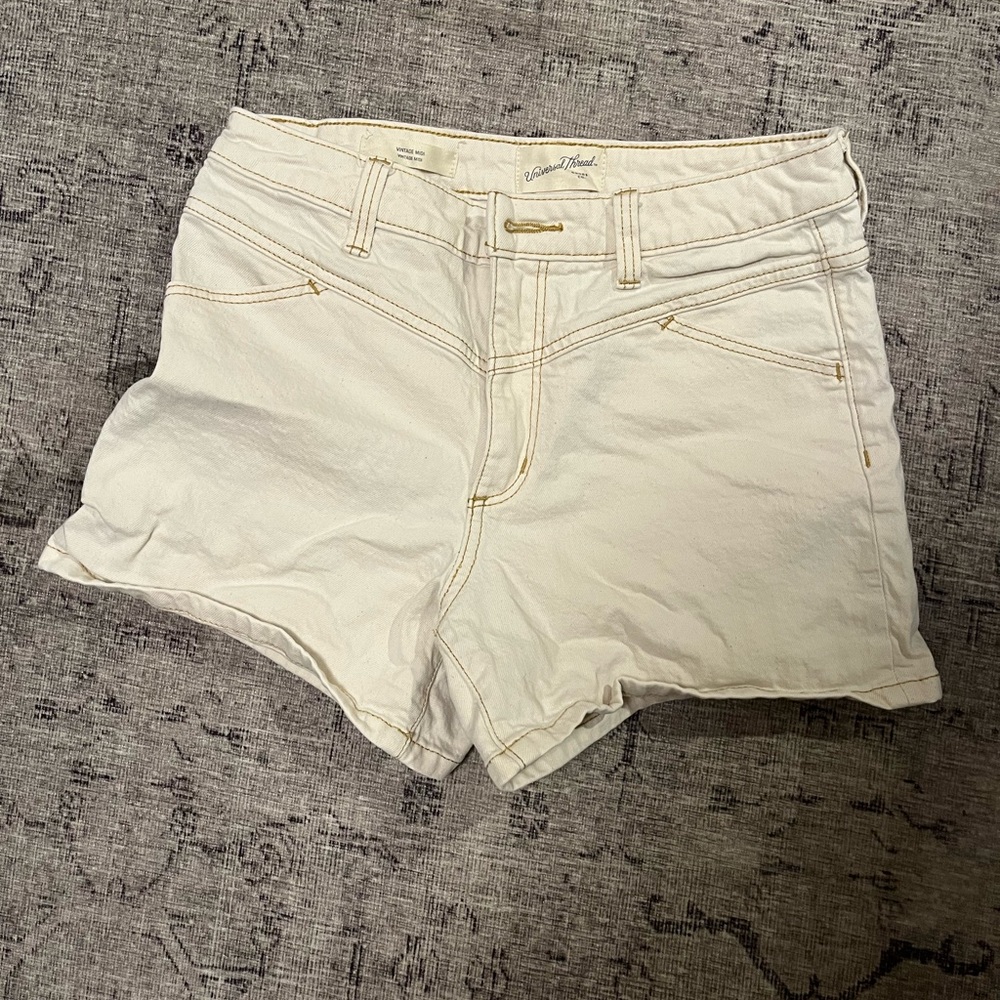 university thread cream jean shorts